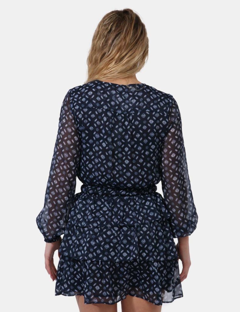 Abito Pepe Jeans Blu - Vestito velato a maniche lunghe su base blu navy con stampa allover disegnini bianchi. Presente scoll