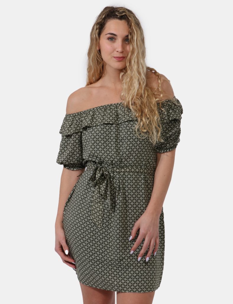 Abito Pepe Jeans Verde - Vestito a maniche corte su base verde militare con stampa allover fiorellini beige. Presente giroco